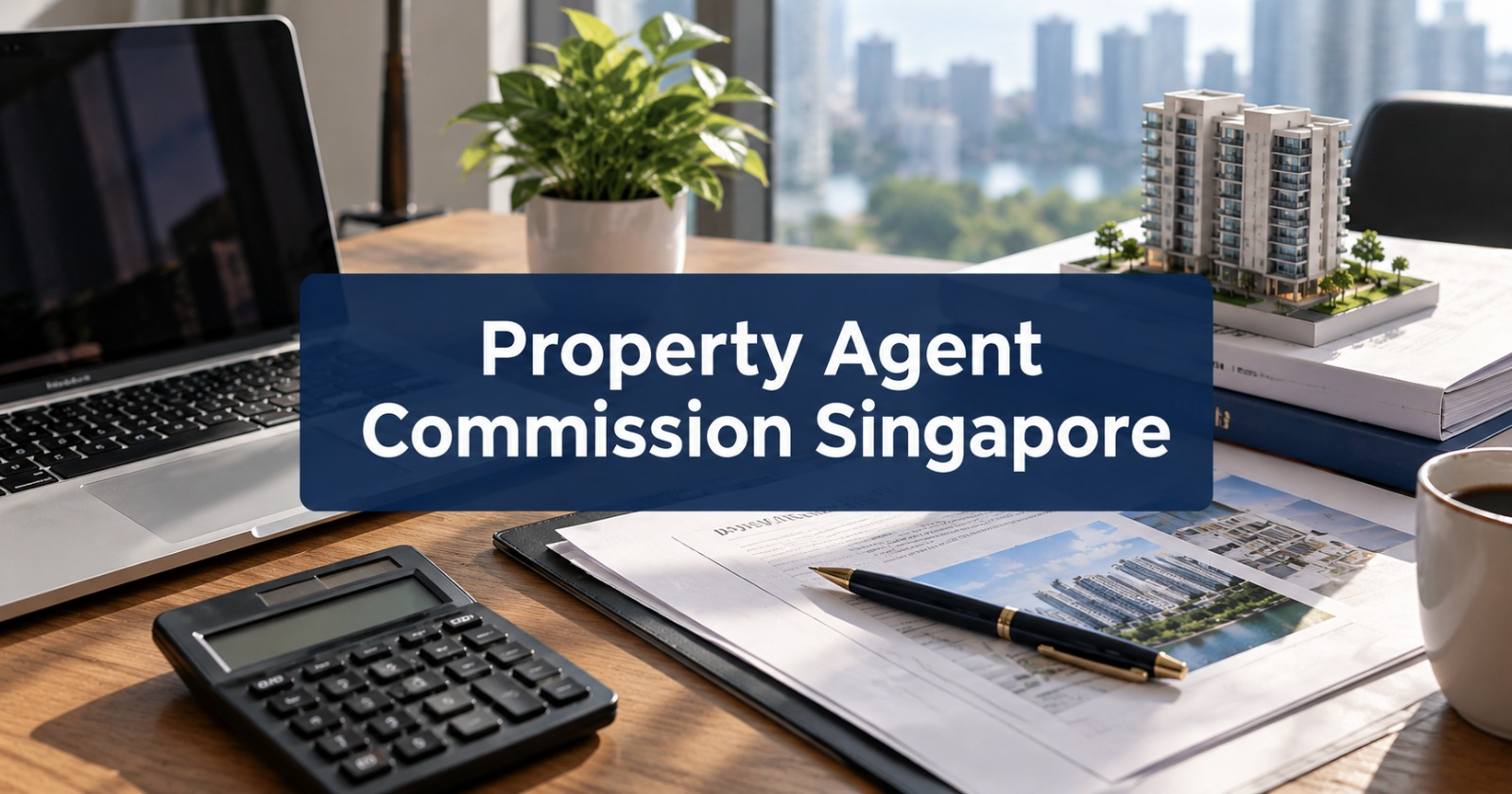 Property Agent Commission Singapore: desk with laptop, calculator, sale documents and a condo model